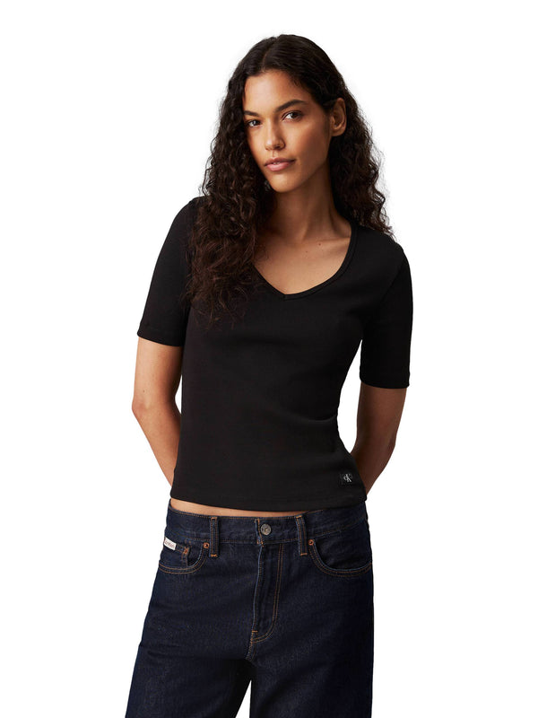 ΓΥΝΑΙΚΕΙΟ T-SHIRT CALVIN KLEIN JEANS WOVEN LABEL RIB V-NECK